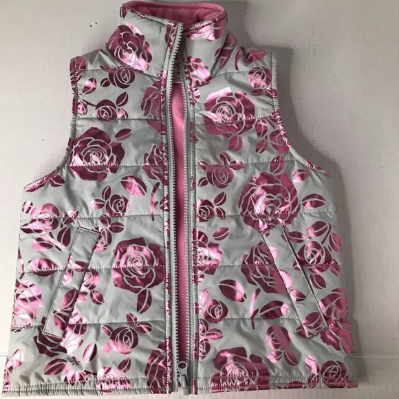 OLD NAVY GIRLS SMALL GRAY W/ PINK METALLIC FLOWERS PUFF VEST 2 POCKETS ZIP OUTER - Picture 1 of 9